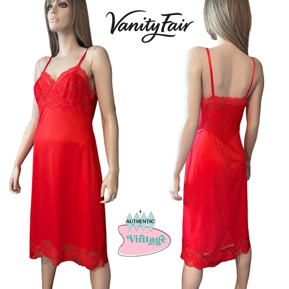 Vanity Fair Vtg 50s 60s Slip Chemise Lipstick Red Tricot Nylon Lace Bodice Lacy - Picture 15 of 16